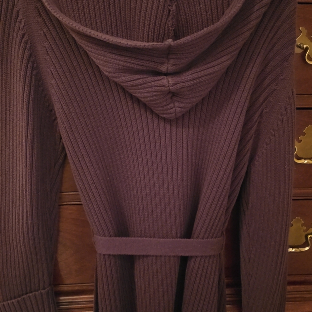 Women's Cable Knit, Hooded,Open Front Belted Cardigan Duster - Picture 6 of 6